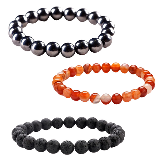 3 Bracelets en pierre : 1 Bracelet Hématite + 1 Bracelet Cornaline + 1 Bracelet Lave Naturelle