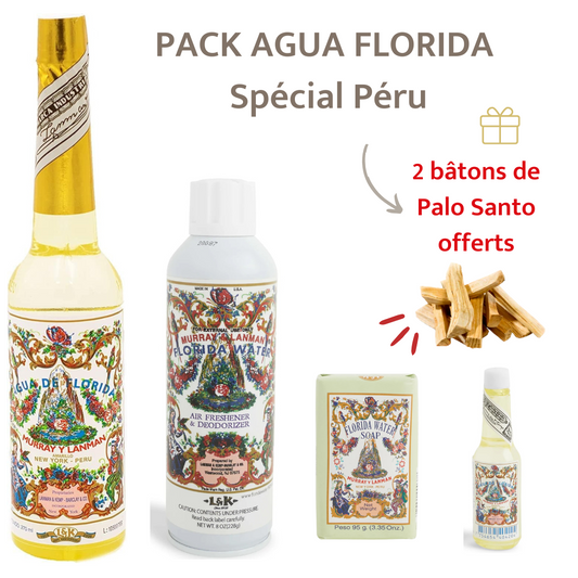 Agua Florida - PACK PÉRU (1 grande bouteille PERU + 1 bouteille PERU 22ml + 1 spray + 1 savon + 🎁2 bâtons Palo Santo offerts)