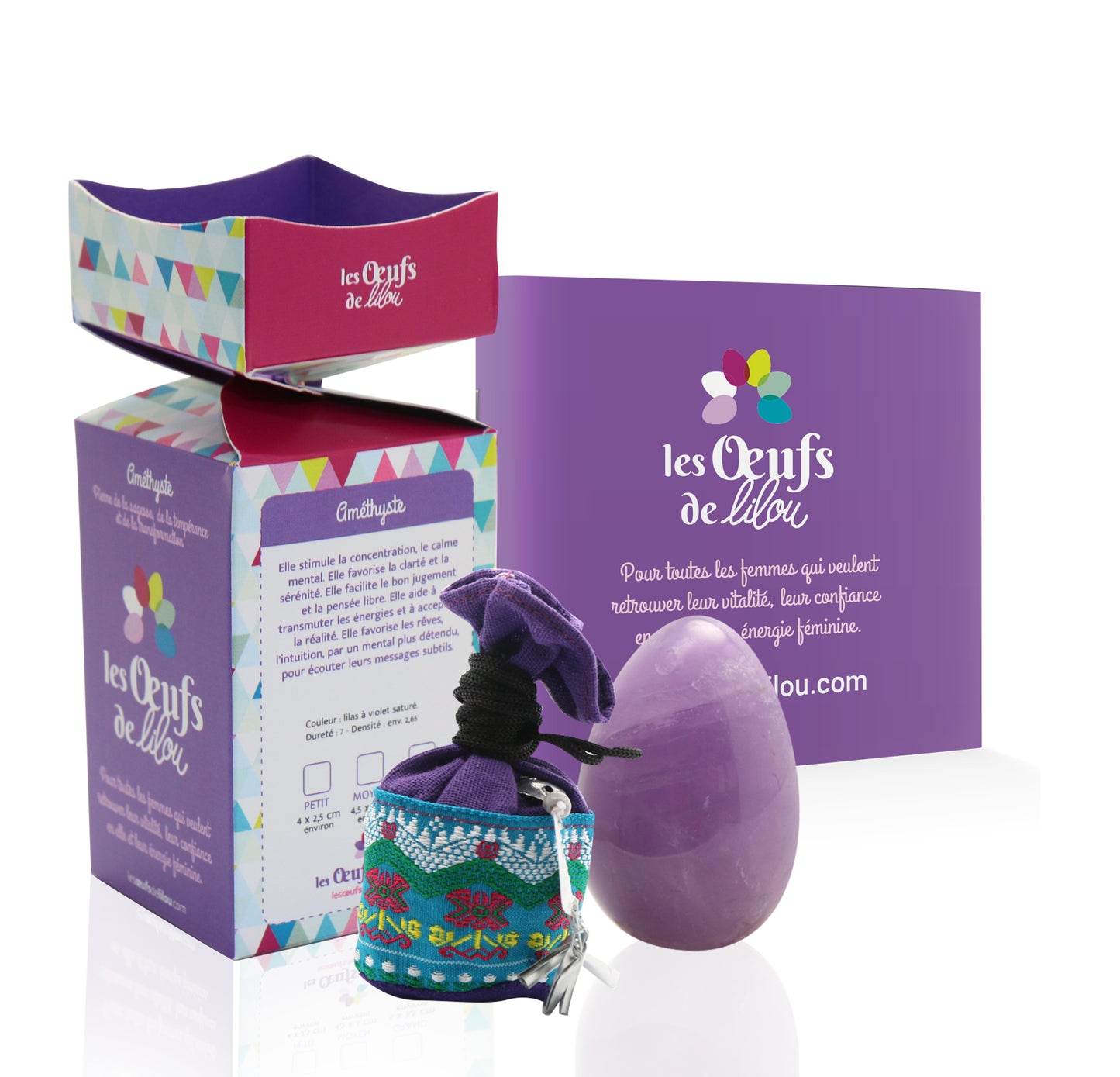 Kit complet PACK 2 Œufs de yoni GRANDE QUARTZ ROSE ET MOYENNE AMETHYSTE