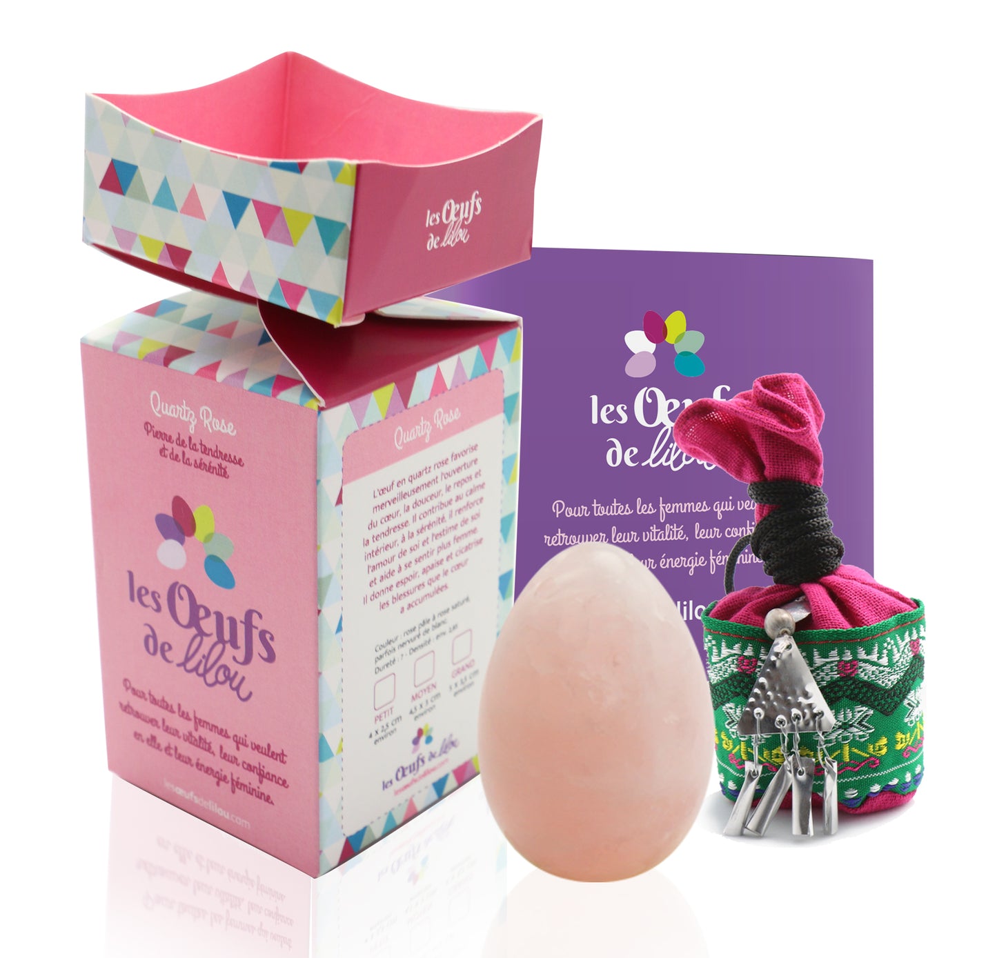 Kit complet PACK 2 Œufs de yoni GRANDE QUARTZ ROSE ET MOYENNE AMETHYSTE