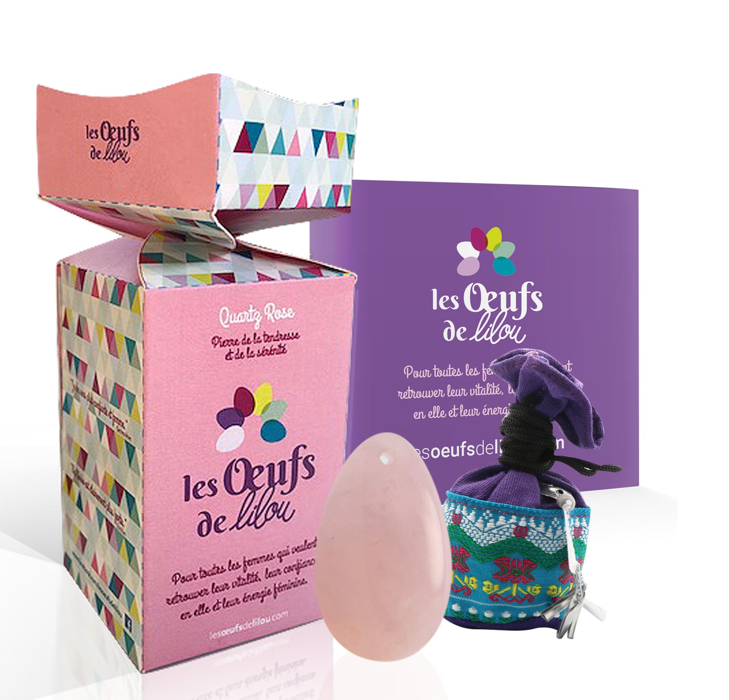 Kit complet PACK 3 Œufs de yoni en QUARTZ ROSE - GRANDE, MOYENNE et PETITE taille