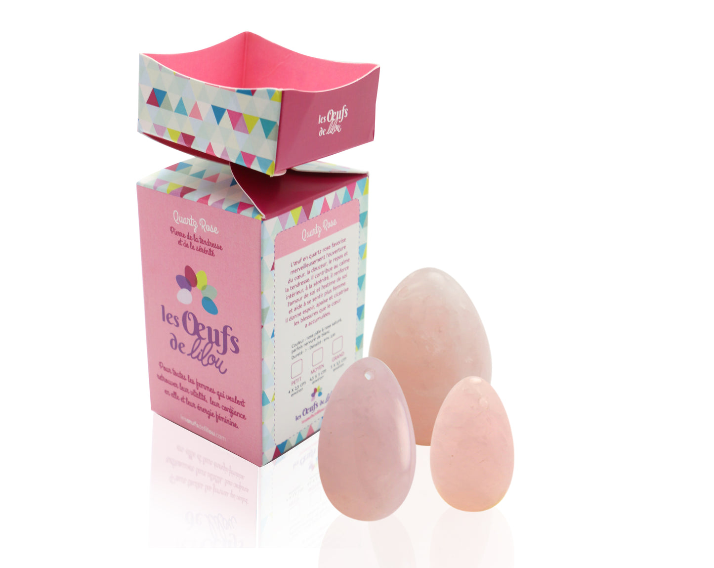 Kit complet PACK 3 Œufs de yoni en QUARTZ ROSE - GRANDE, MOYENNE et PETITE taille