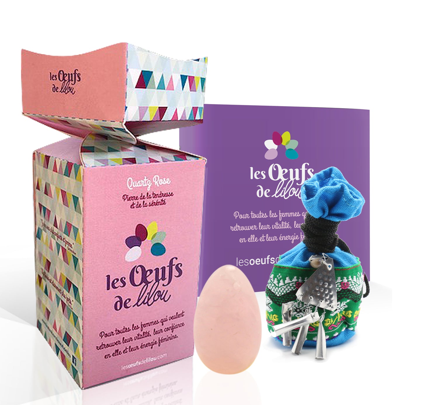 Kit complet PACK 3 Œufs de yoni en QUARTZ ROSE - GRANDE, MOYENNE et PETITE taille