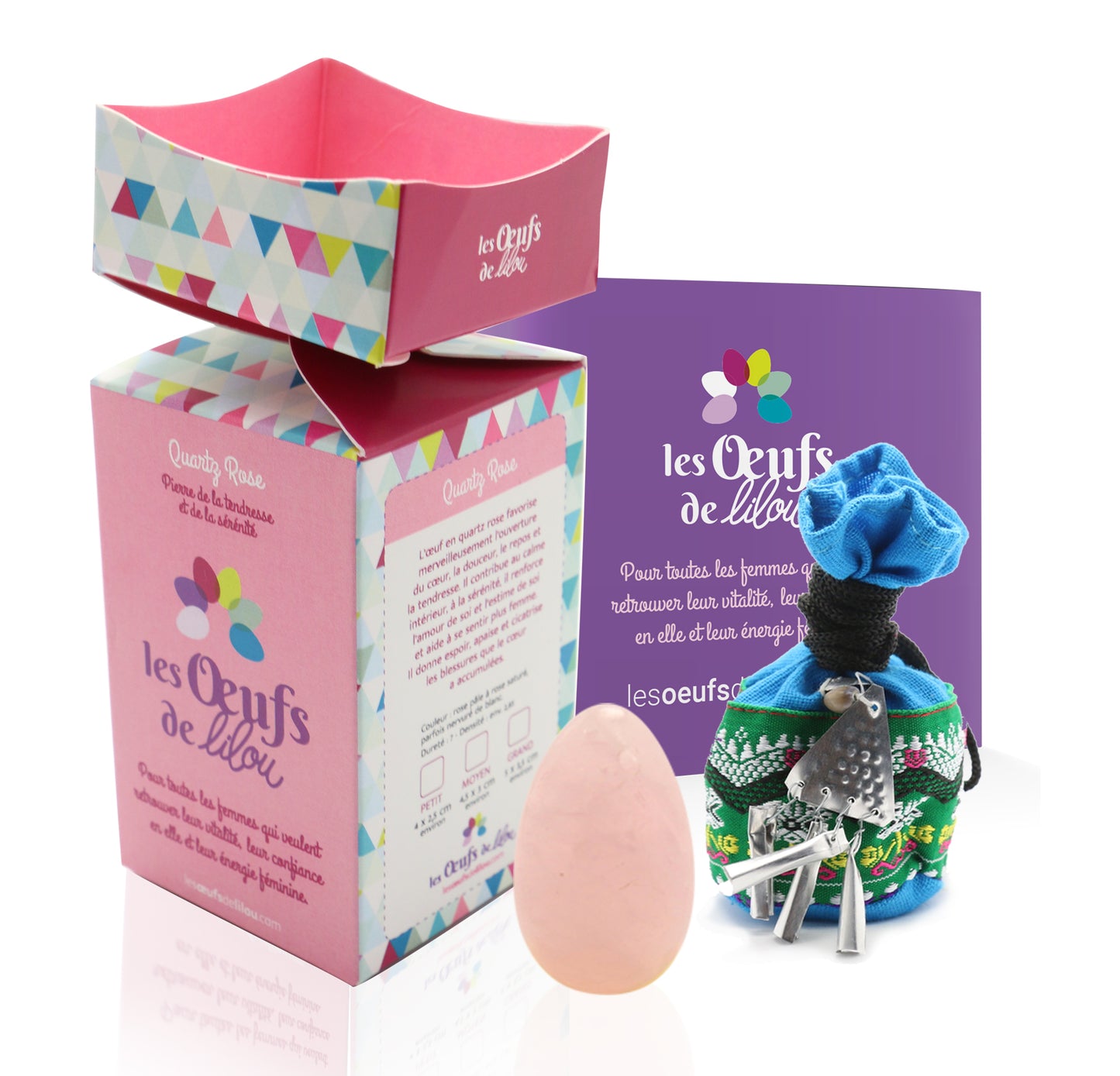 Kit complet PACK 3 Œufs de yoni en QUARTZ ROSE - GRANDE, MOYENNE et PETITE taille